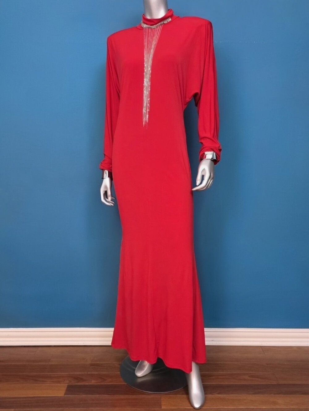 ๐๏ธ๐ASOS 80S Style Slinky Batwing Sleeve High Neck Maxi Dress In Red // (NWOT) - Picture 7 of 16